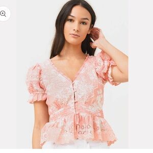 Love Shack Fancy , blouse with lace detail and puffy sleeves, size M